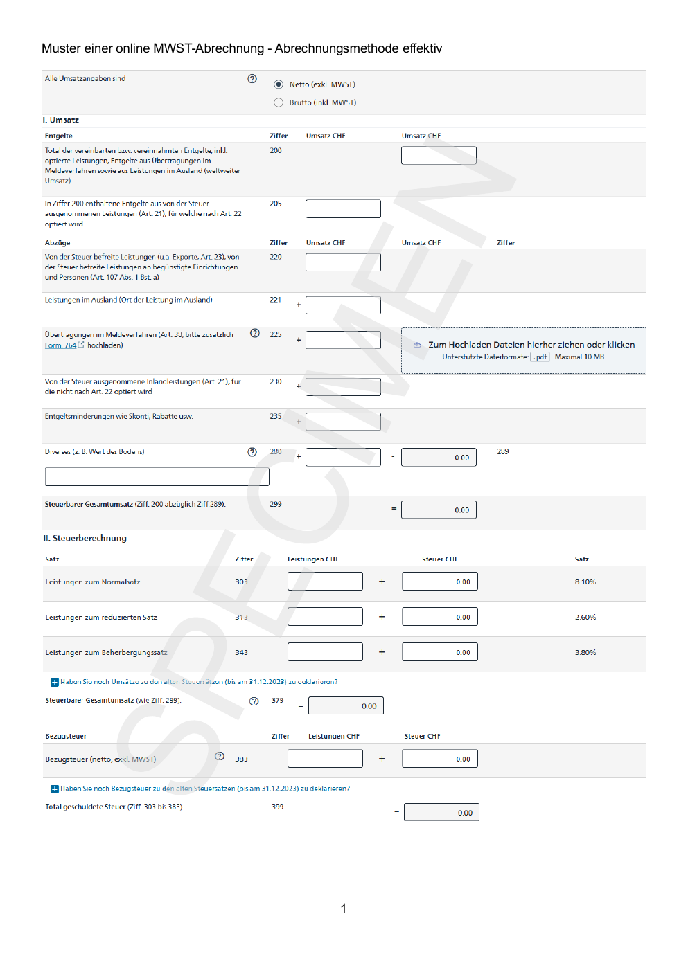 Offizielles ESTV-Muster einer Online-MWST-Abrechnung nach effektiver Methode